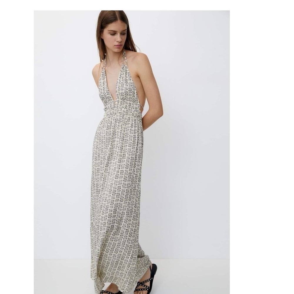 Pull&Bear Womens Halter Neck‎ Maxi Dress Cream Black Geometric Print Large